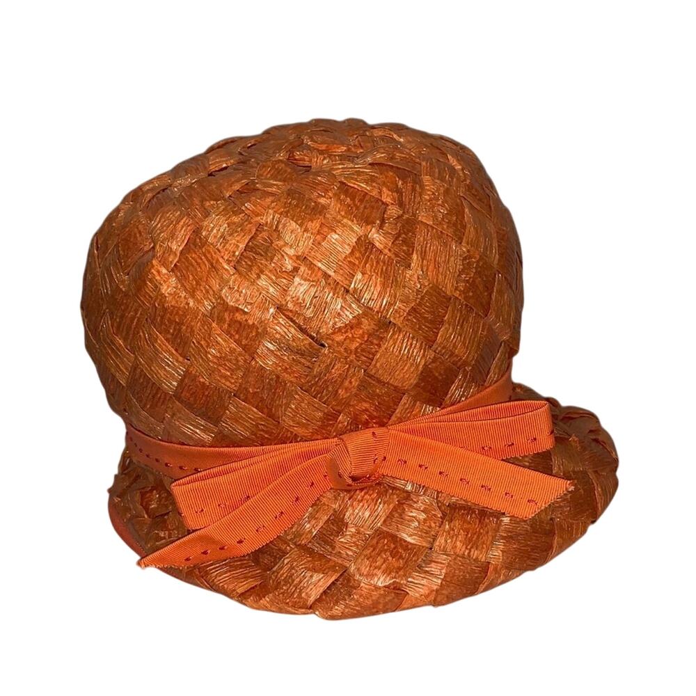 Vintage Raffia Woven Hat Orange Basket Weave Ribbon Mod Cloche